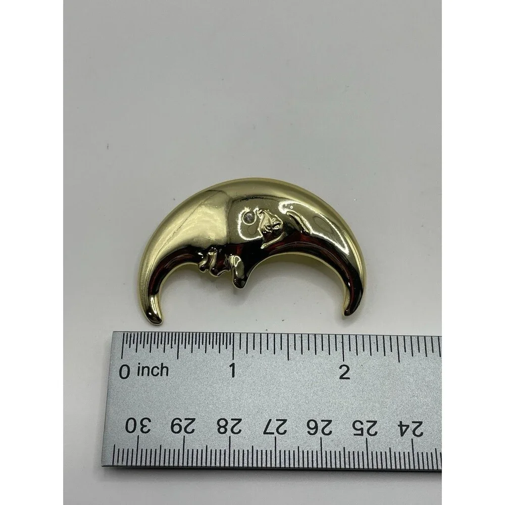 AJC Vintage Moon Pin Brooch Gold Face Crescent Rhinestone NOS Signed 80s